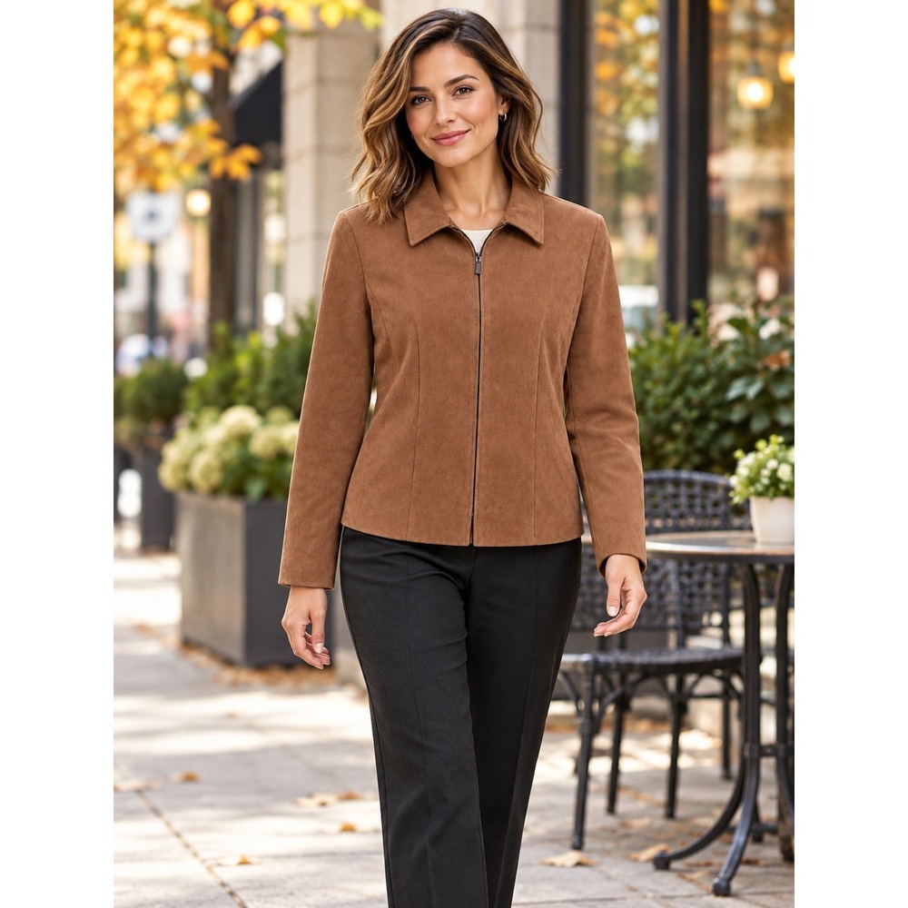 Briggs Petite Womens 14P  Faux Suede Zip Front Jacket Blazer Cognac Brown Fall